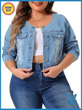 Plus Size Crop Denim Jacket Collarless Button Down with Pockets